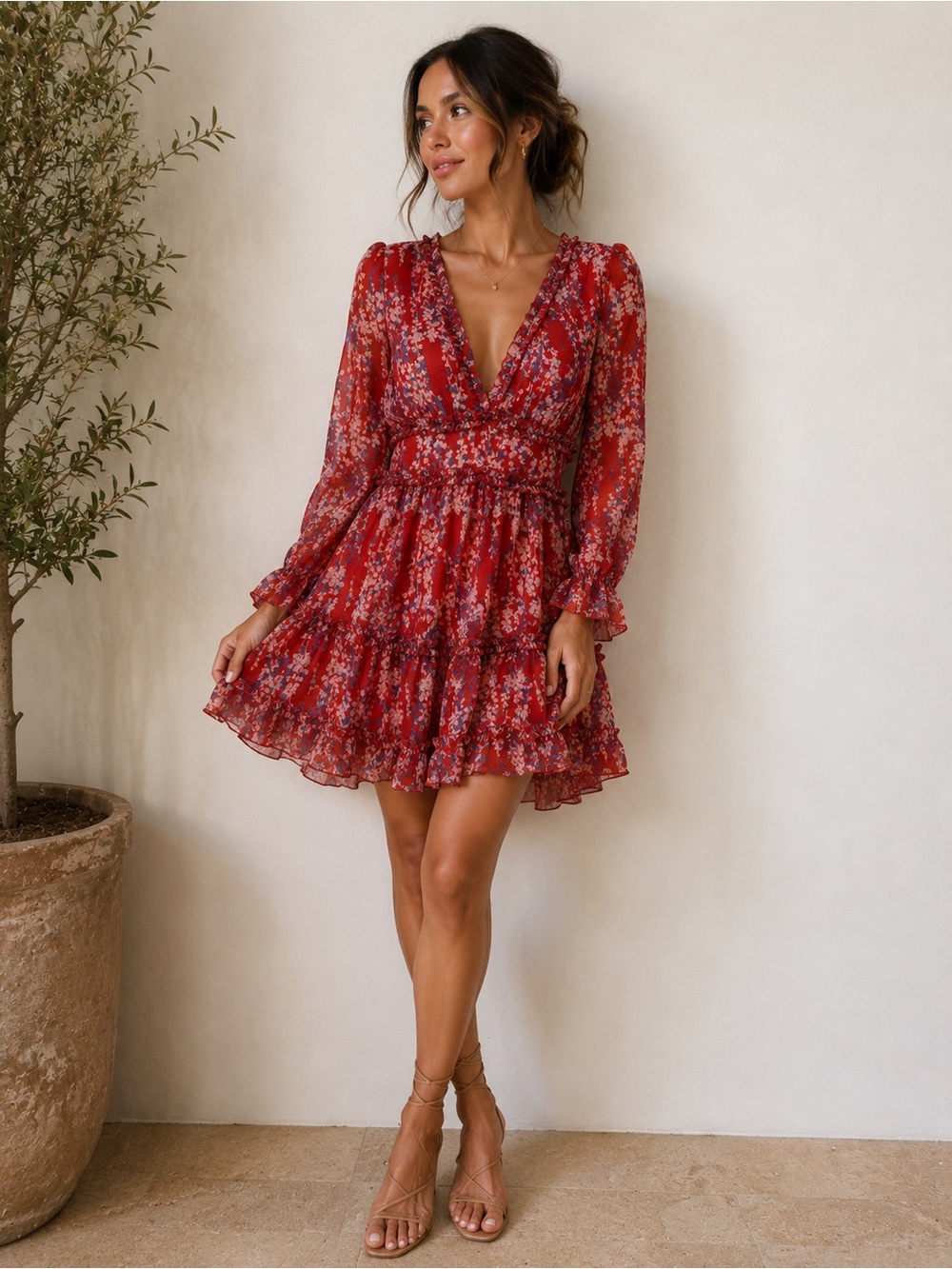 Red Floral Tiered Long-Sleeve V-Neck Dress